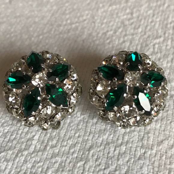 Vintage Rhinestone Emerald and Diamond Earrings - Picture 3 of 8